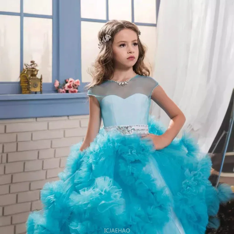 

Pageant Host Outfit Birthday Kids Party Dresses Princess Wedding Dress Costume Flower Girl Children Formal Gown Long Train Tutu