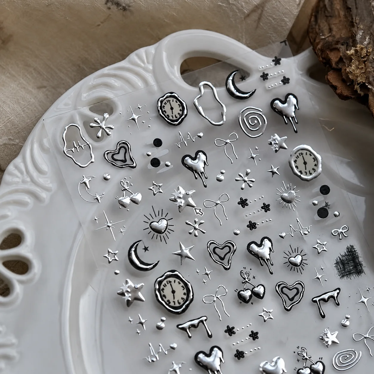 3D Metallic Silver Black Gothic Melting Heart Clock Moon Star Nail Stickers Self-Adhesive Nail Art Decals for DIY Manicure
