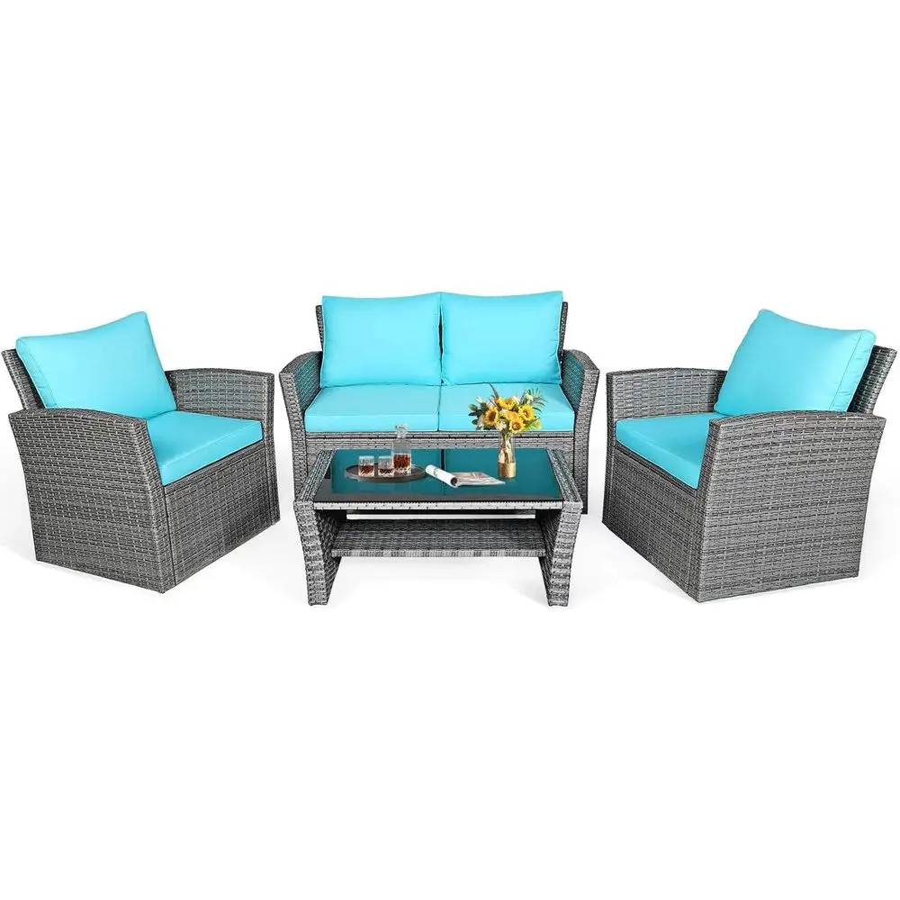 

4-Piece Outdoor Rattan Furniture Set with Cushions and Coffee Table for Patio, Garden, Porch, or Balcony