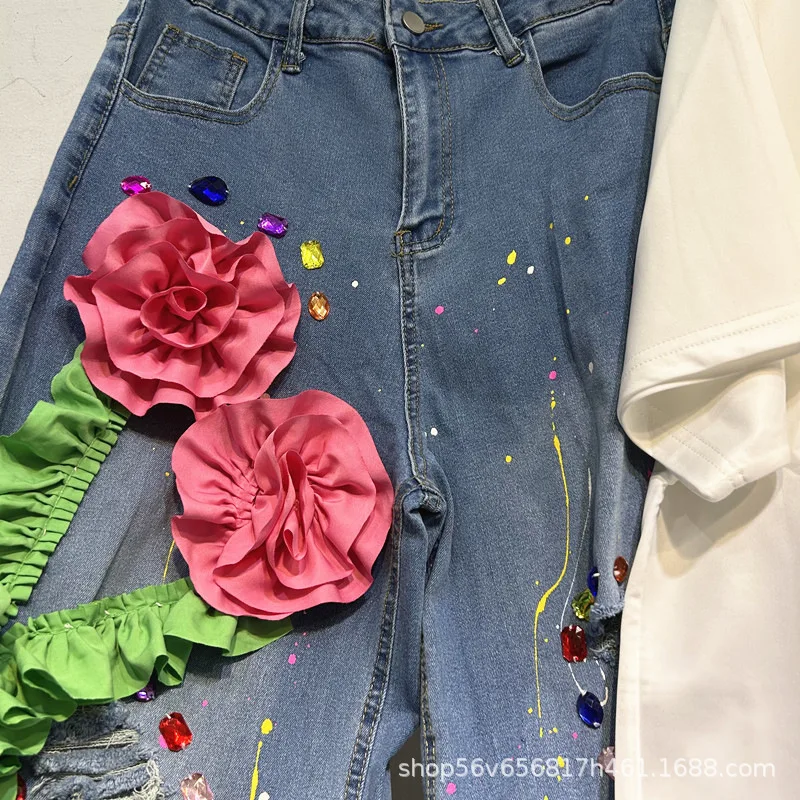 Spring Autumn Casual Women Two-piece Set 3d Flowers Diamonds Round Neck Short Short Sleeve T-shirt Top + High Waist Denim Pants
