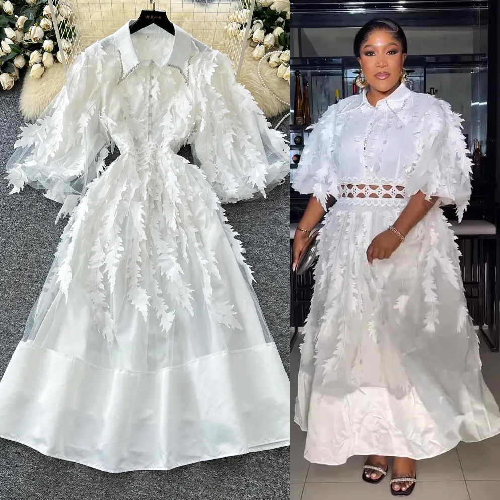 

White Long Dress Women Dresses A Line Vestidos Y2k Streetwear Lantern Sleeve Turn Down Collar Elegant Party Night High Waist