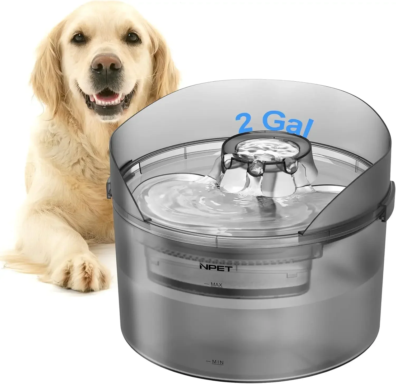 NPET Dog Water Fountain, 2 Gallon/270oz/8L Large Automatic Dog Water Dispenser with Splatter Guard for Large Dogs Multiple Pets