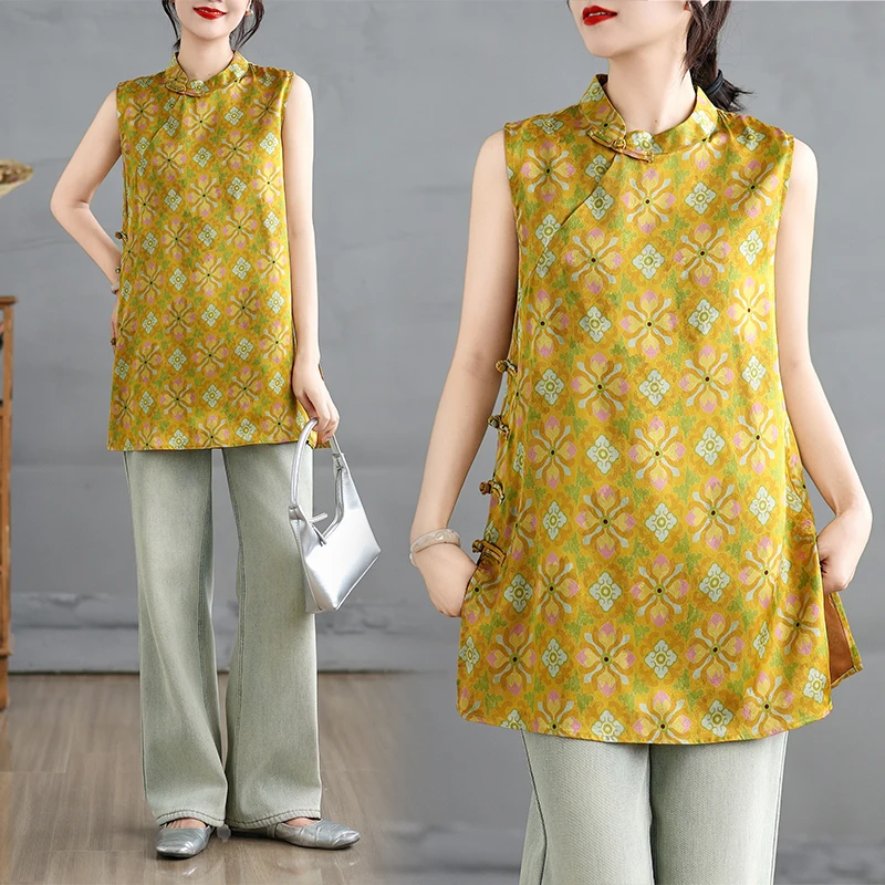 

Новый китайский жилет средней длины с вышивкой, летняя тонкая женская футболка из смеси хлопка и полиэстера, свободный крой