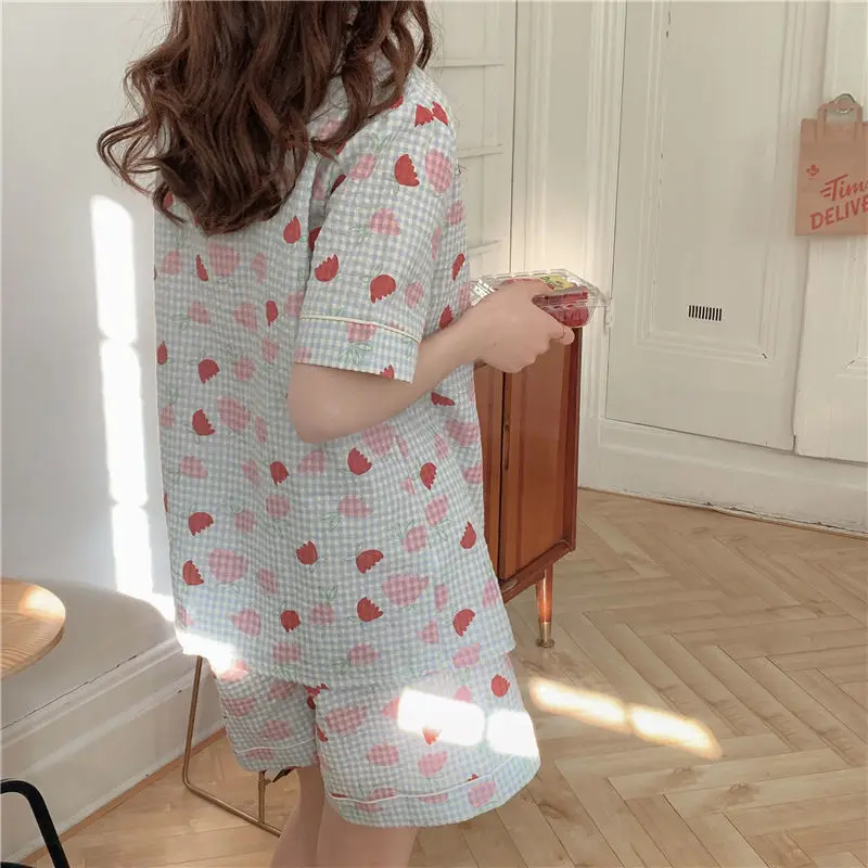 

Пижамные комплекты женские в клетку, простые, базовые, для отдыха, популярный корейский стиль, Mujer, ретро, с отложным воротником, одежда для отдыха, уютная летняя шикарная одежда