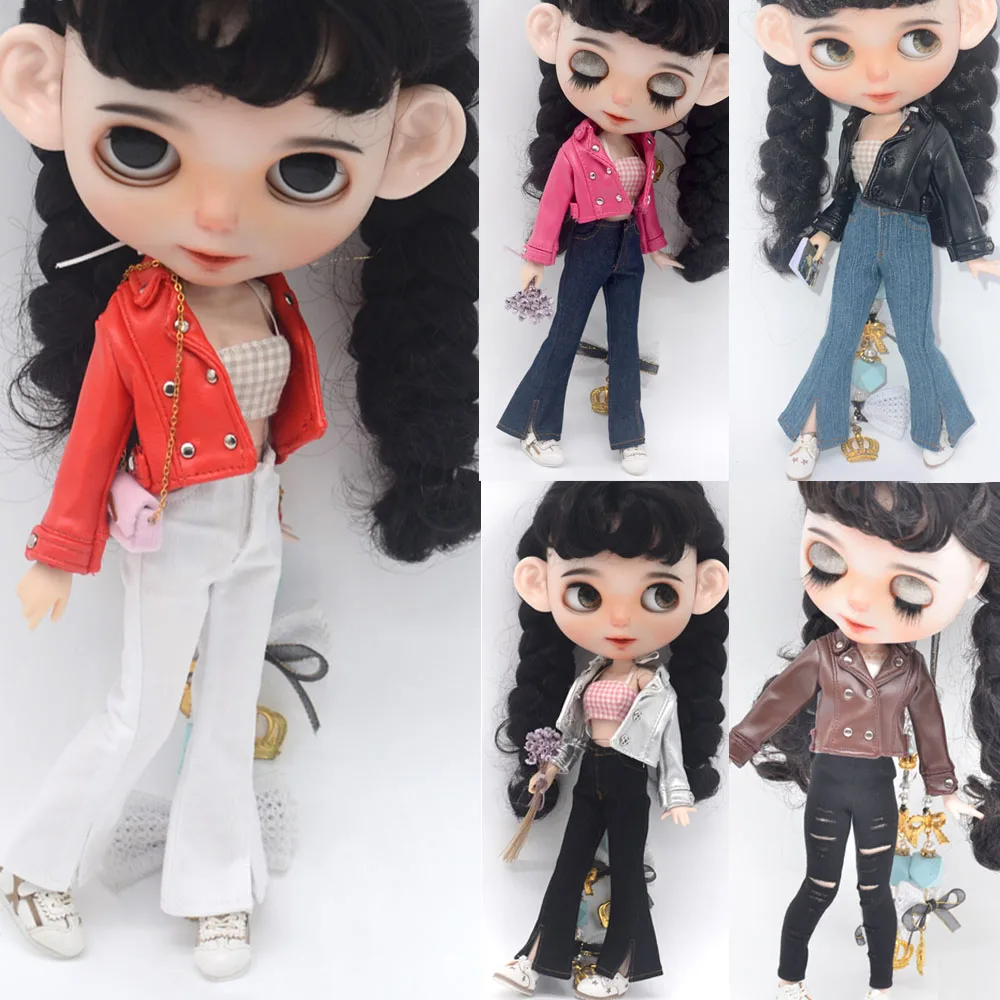 Doll accessories clothes Bryce Azzone OB22 OB24 fashion flared pants slit jeans leather jacket girl gift