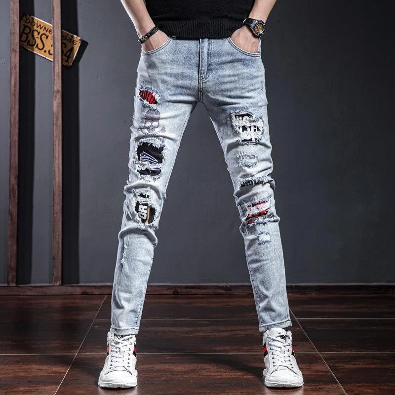 Calça jeans casual confortável respirável de alta qualidade masculina, com elástico estampado, pés pequenos, nova tendência da moda, 28-34, primavera e outono, 2023