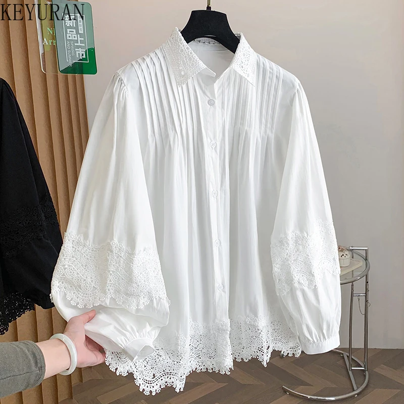 

Korean White Lace Patchwork Oversize Shirt Y2k Long Sleeve Loose Tops for Women 2026 New Lapel Neck Single Breasted Blusas Mujer