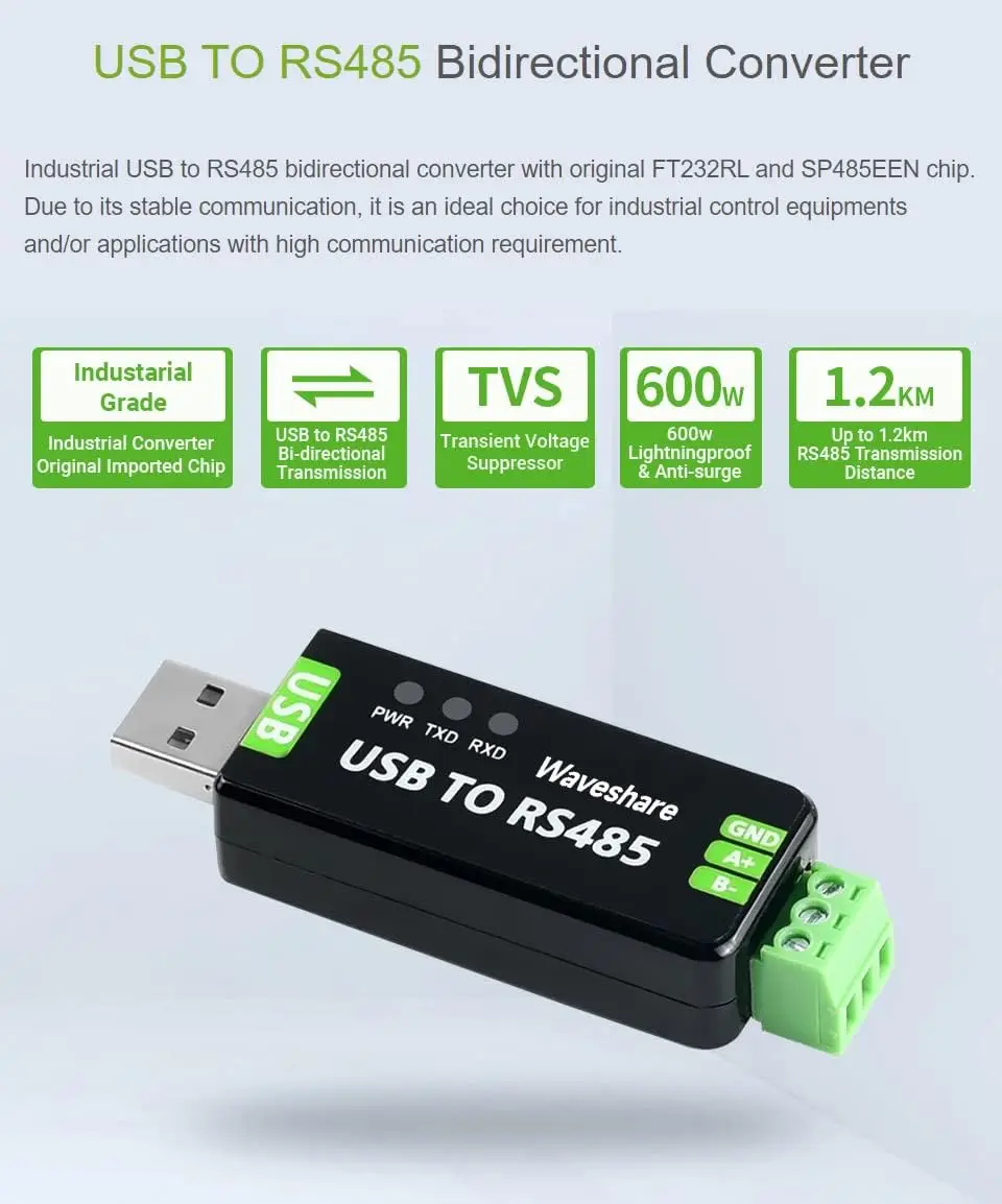 Waveshare 2PCS Industrial USB to RS485 Converter, FT232RL SP485EEN, Built-in Protection Circuit for Industrial Control
