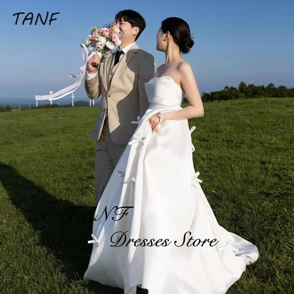 

TAFN White Simple Strapless Korea Wedding Dresses Soft Satin Customized Photos Shoot Dress Ribbons Bow Corset Backless Bridal
