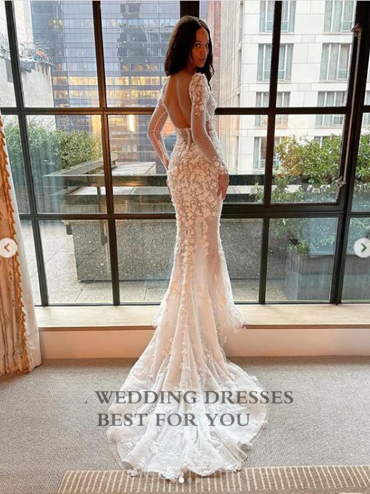 Sheer Lace Mermaid Wedding Dresses with Illusion Long Sleeves 3D Flowers Square Neck Bridal Dresses Boho Backless Wedding Gowns