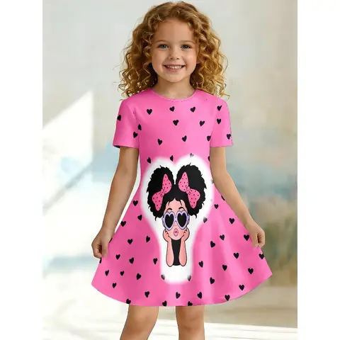 Cute Cartoon Girl Wearing Sunglasses Printed Children's Girl Casual Dress Short Sleeved A-line Dress Suitable for Birthday Gifts