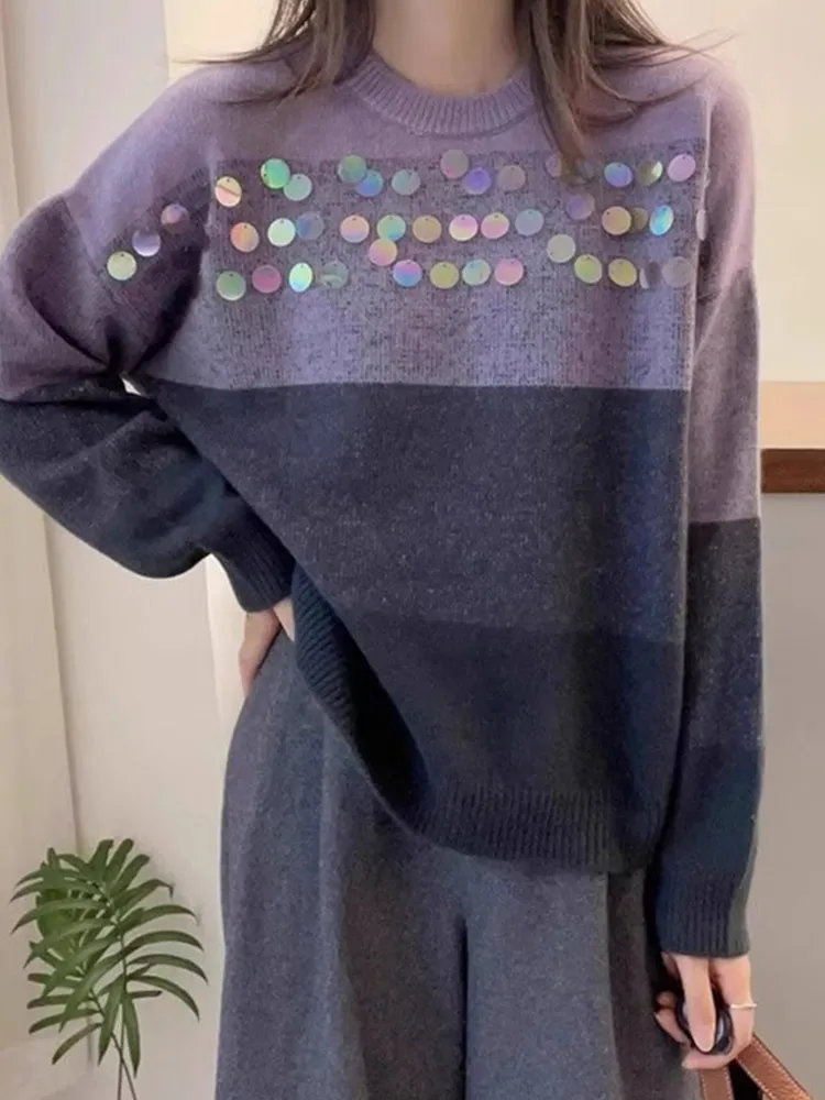 

iny Sequin round Ne Pullover Knitwear Slimming Long Sve Loose Casual Top Lazy Faion Ele European Sle Sweater