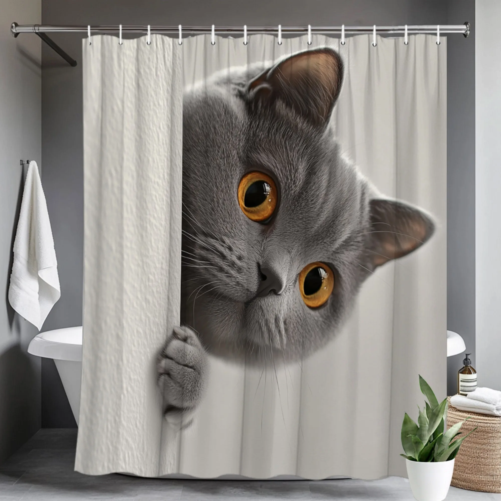 

Cute Gray Cat Peekaboo Shower Curtain With Big Eyes And Paw Playful Pet Art Decor Waterproof Bathroom Gift For Cat Lovers