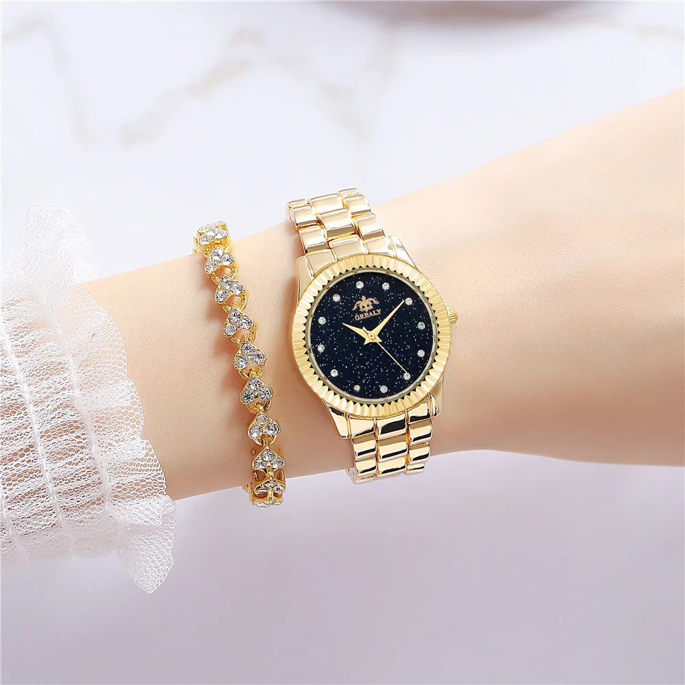 Temperament Mode Strass Damen Stahl Strap Uhr Trendy Volle Sterne Schwarz Gesicht Quarz Legierung Mode Uhr Frauen