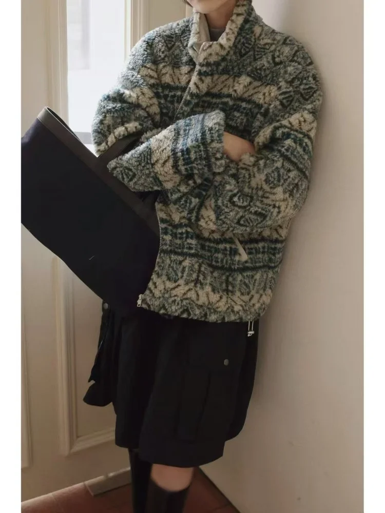 

Retro Complex Pattern Lamb Fur Short Jacket Women's Winter Stand Collar Zipper Cotton Loose Plush Jacket Casual Outerwear