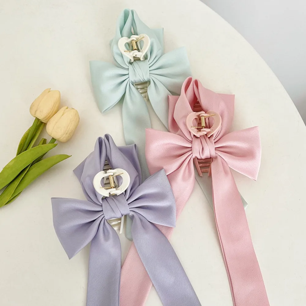 Sweet Plastic Ribbon Bow Hair Claw Solid Color Foldable Satin Shark Clip Korean Style Hair Accessories Hair Crab Clip Party