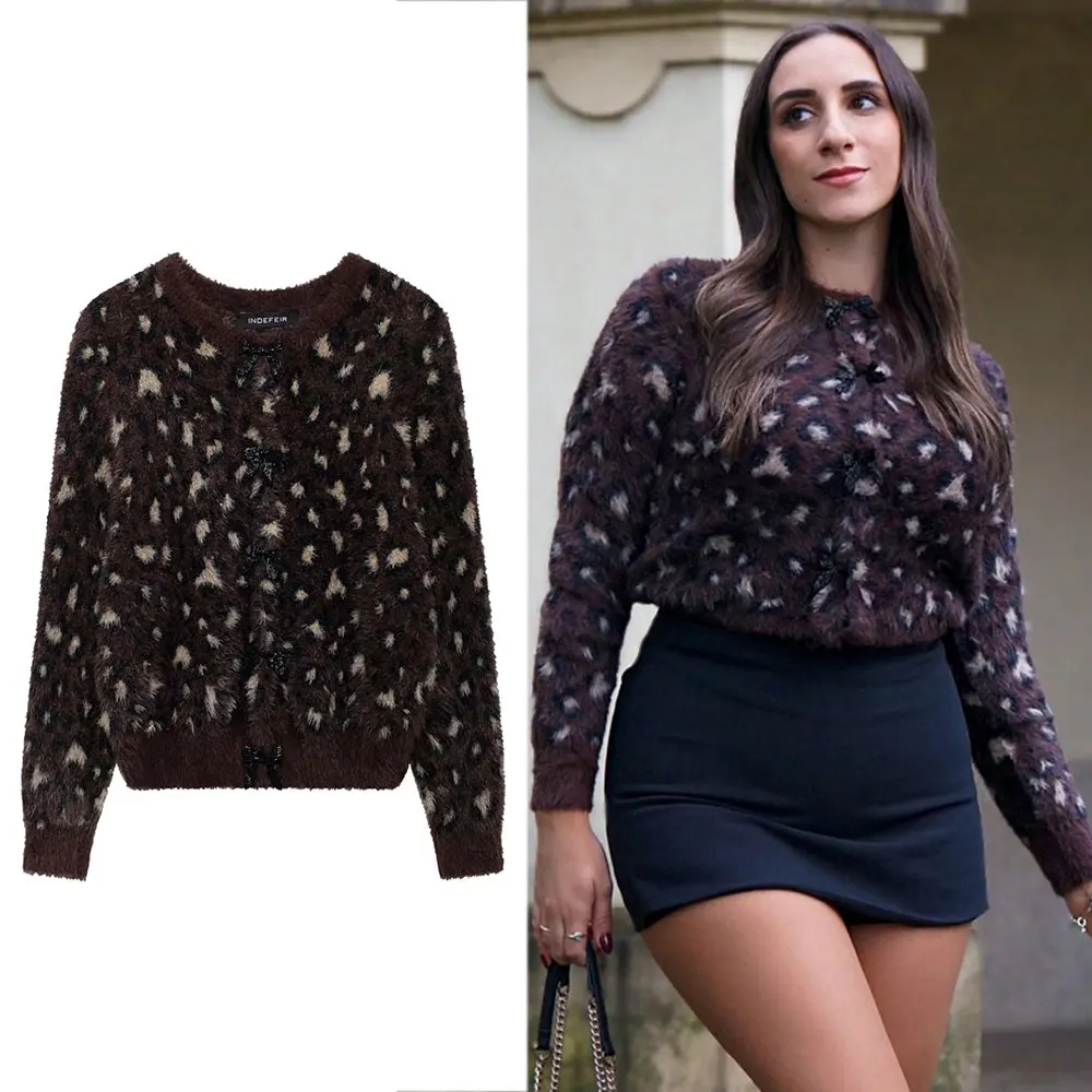 

Long Sleeve Knitted Top Female Fashion Bow Buttons Fuzzy Sweater HH Vintage Leopard Print Cardigans for Women Elegant O Neck