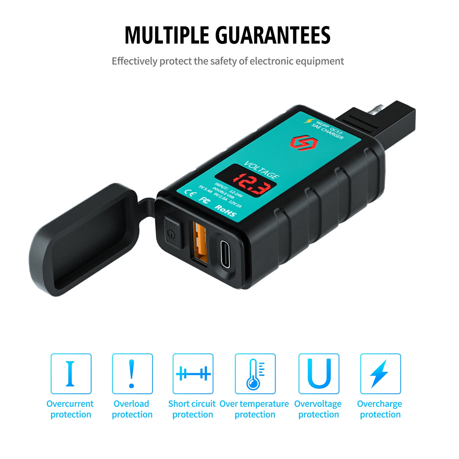 Motorcycle Dual Ports USB & Type-C Fast Charger, QC3.0, IP66 Waterproof, 12V-24V Voltmeter, ON/Off Switch, for Phones & Tablets