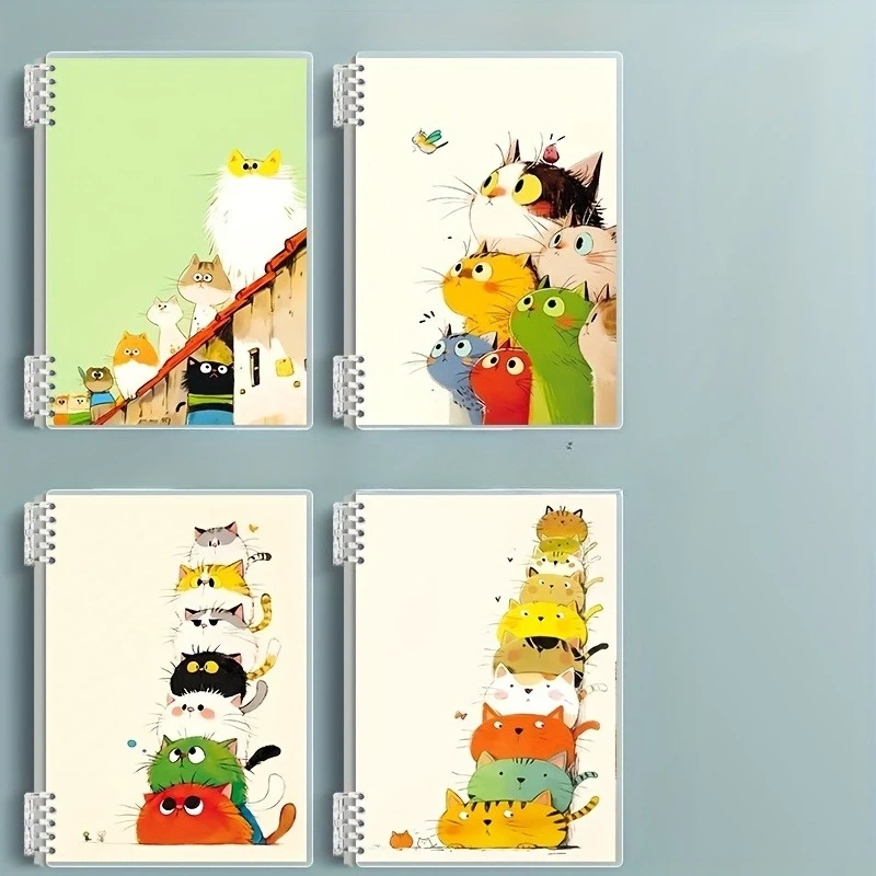 4pcs Spiral Notebook - Cute Cartoon Cat Design, 120 Pages Each, Detachable Study Spiral Binding, Suitable for School, Office