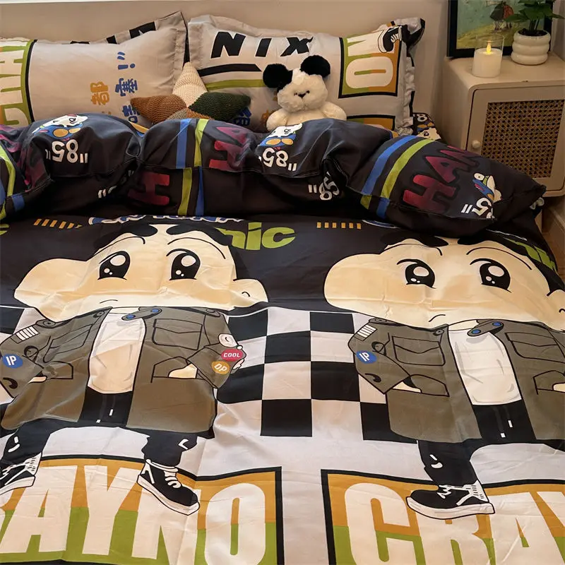 New Kawaii Cartoon Fashion Crayon Shin Chan Wash Cotton 1.5M1.8 Bed Sheet and Quilt Set Four Piece Set Student Three Piece Set