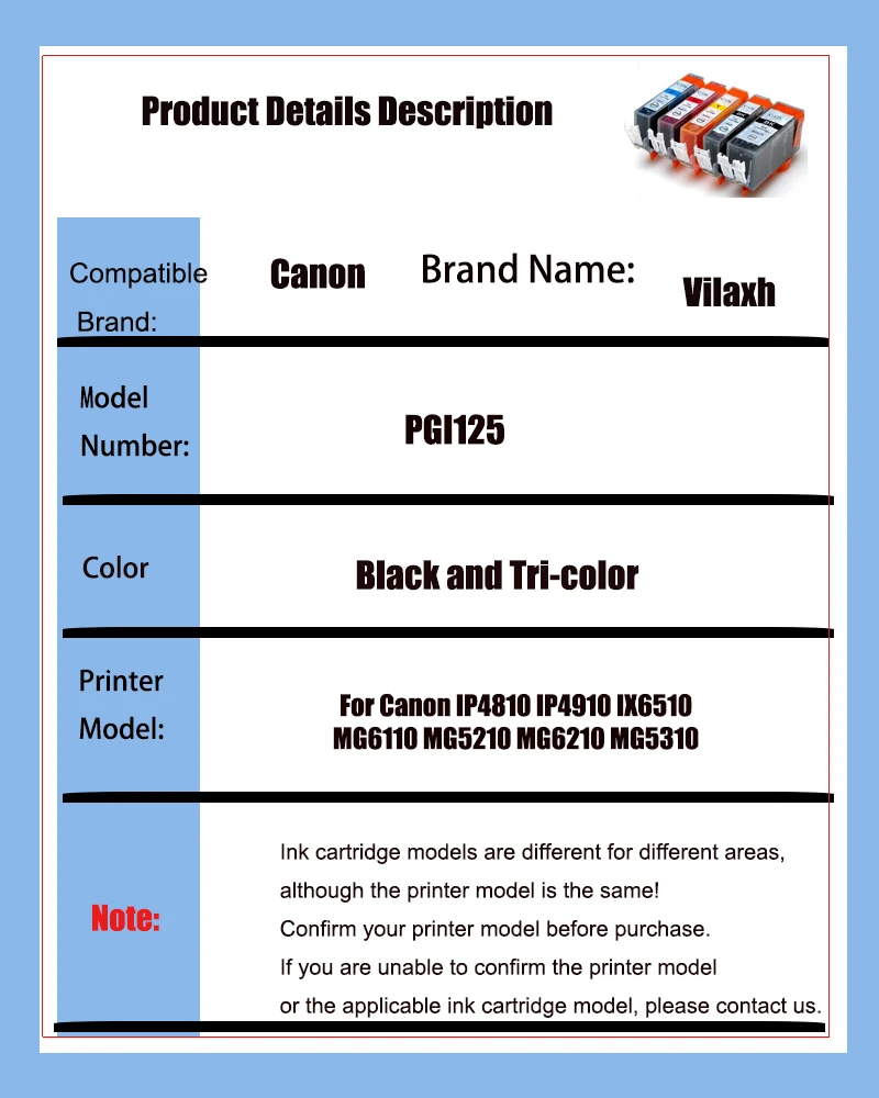 vilaxh PGI-125 CLI-126 Ink Cartridge For Canon PGI125 CLI126 For Canon IP4810 IP4910 IX6510 MG6110 MG5210 MG6210 MG5310