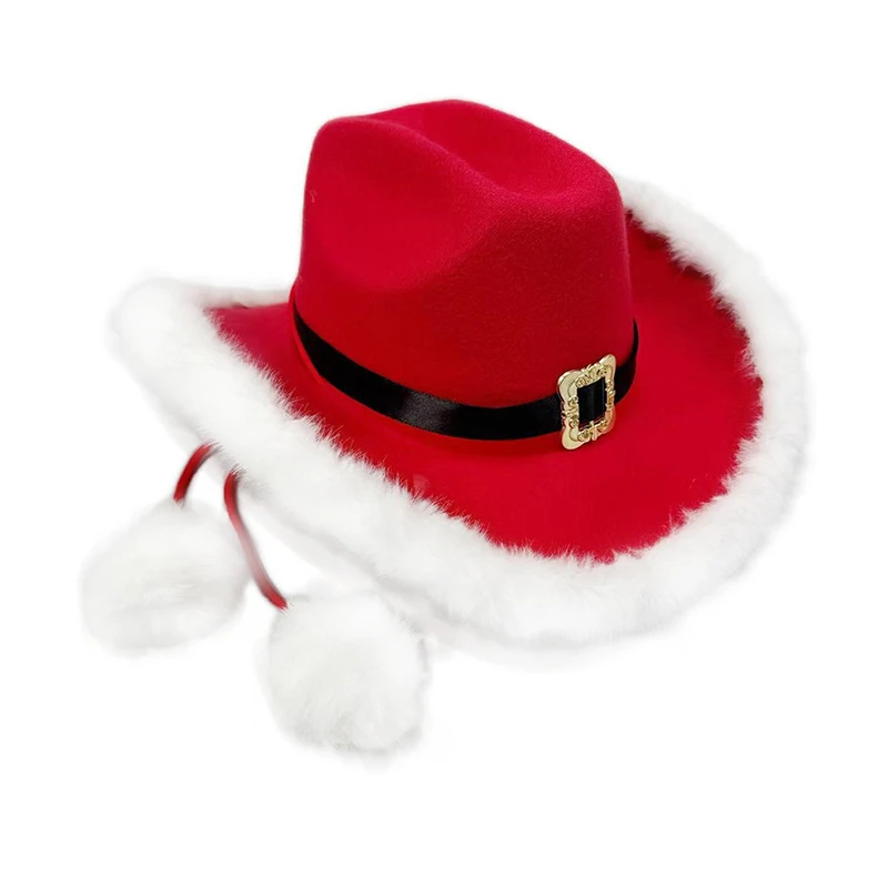 Chapéu de cowboy para festa de natal, acessórios confortáveis para fantasia, aba larga, chapéu de cowgirl, bola de pelúcia, cordas, chapéus ocidentais