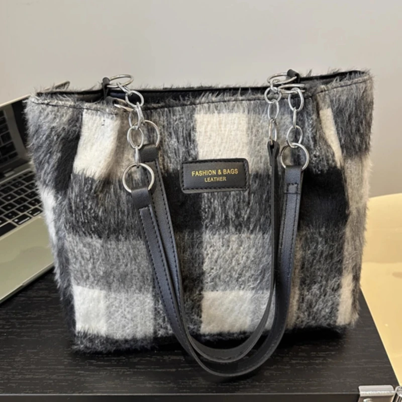 

Осенне-зимние шерстяные сумки на плечо для женщин, клетчатые женские сумки контрастного цвета, большая вместительная сумка-тоут в студенческом стиле, классные сумки для девочек