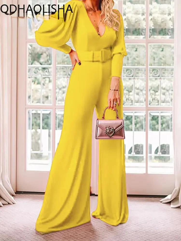 2023 Jumpsuit Women Elegant Ladies Wide Leg Jumpsuits Sexy V-neck Long Sleeve High Waist Belt Wide Leg Rompers Women's Pants