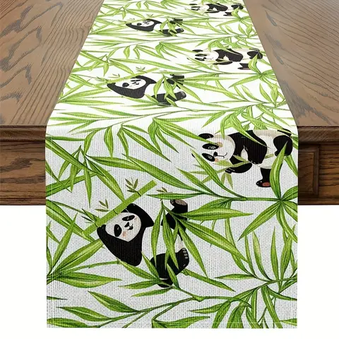 1pc Panda & Bamboo Table Runner - Linen 2D Print, Cute Dining Kitchen Living Room Decor, Adorable Home Table Decoration Gift for
