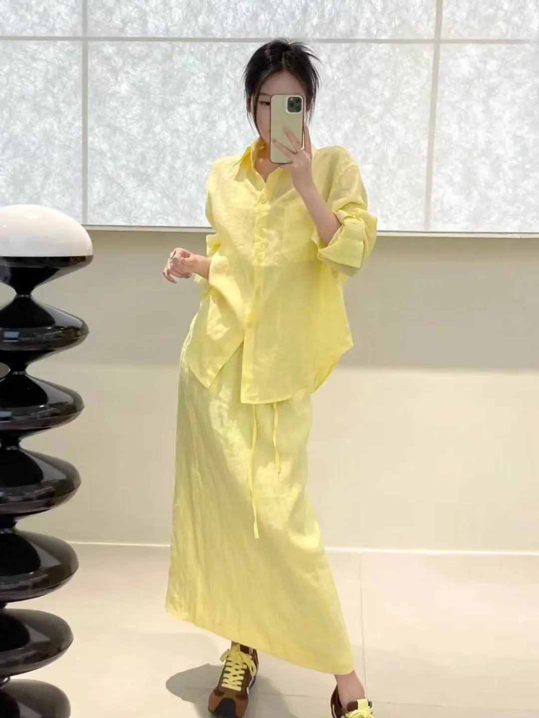 Simple Fashionable Casual Comfortable Women's Shirt Skirt Set 2026 New Style Half-length Skirt Long Sleeve Button up Top