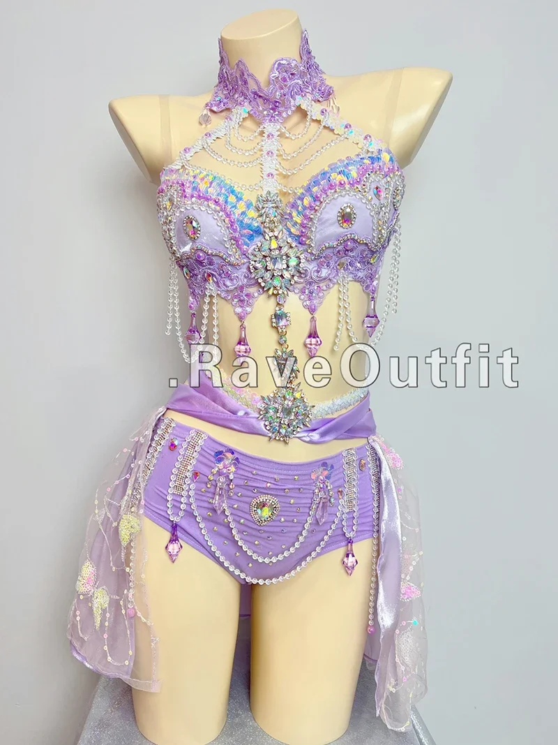 Illusory Purple Sexy Bikini Sets Mesh Tutu Skirts Suit Music Festival Costumes Nightclub Bar Dj Women Gogo Dancers Stage Outfits