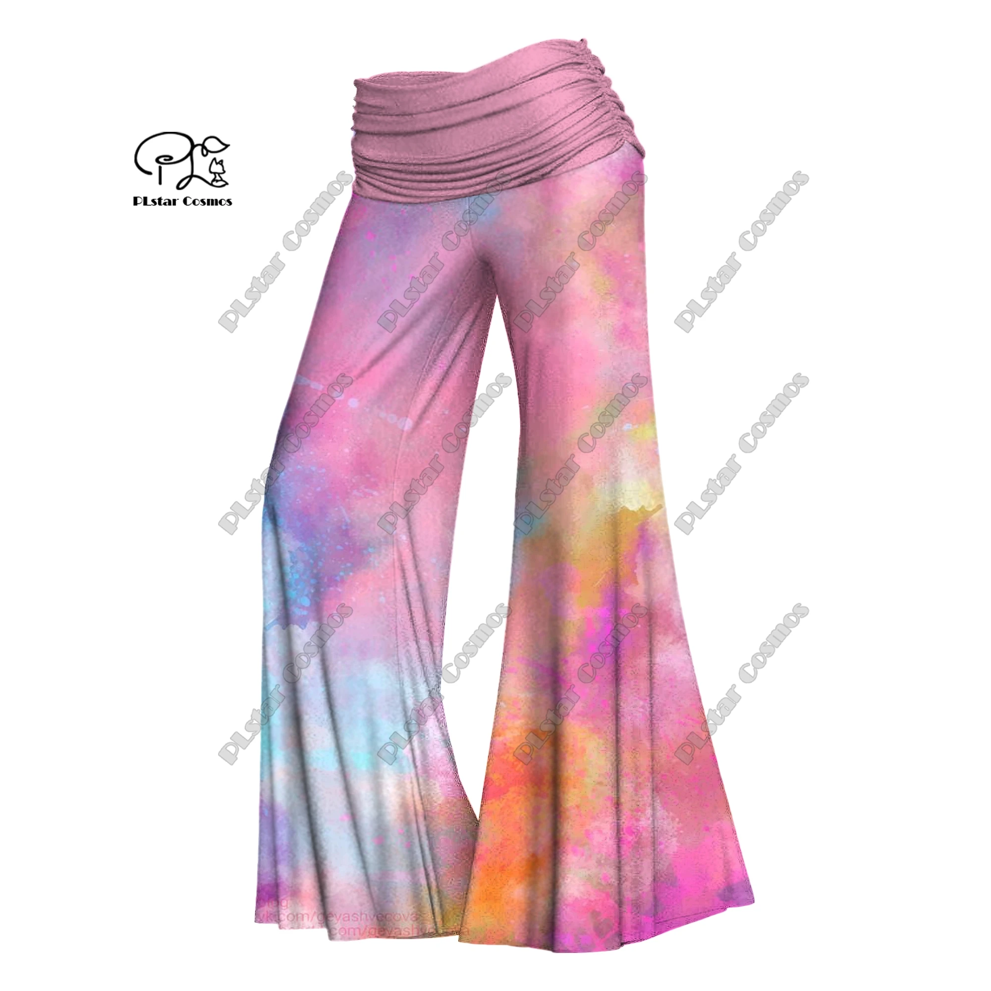 Pantalones de pierna ancha con estampado 3D para mujer, pantalón de cintura alta plegable, con estampado de paisaje de arena movediza colorida, cintura elástica, informal, serie degradada, J-6