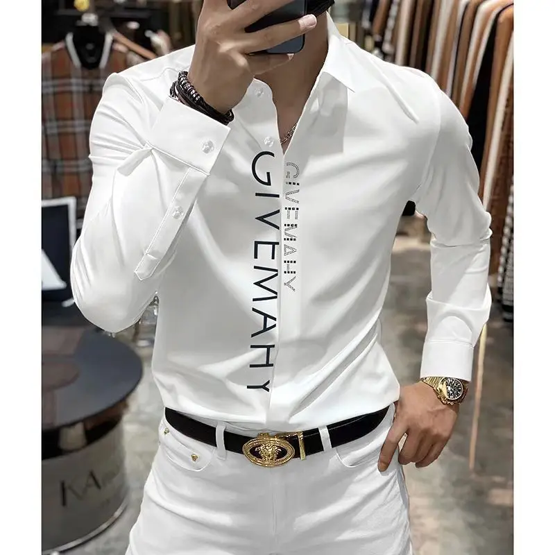 Spring And Summer Letter Shirt for Men Cotton Long Sleeve Casual Shirts Fashion Luxury Social Business Dress Shirts