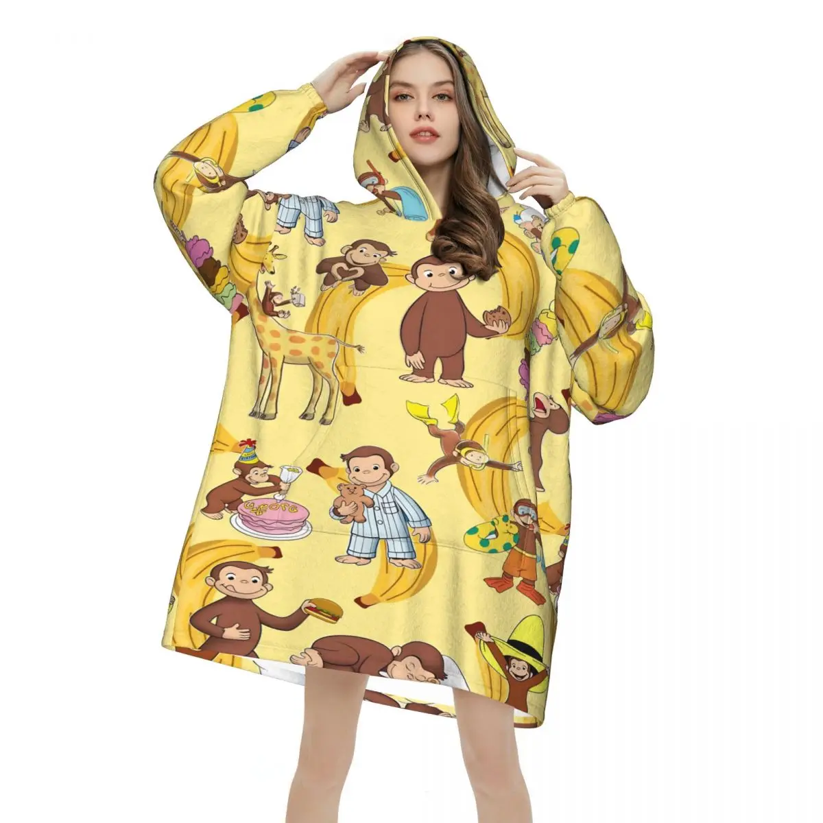 Curious George African Monkey Wearable Blanket Hoodie for Women Men Oversized Sweatshirt Blanket with Pocket