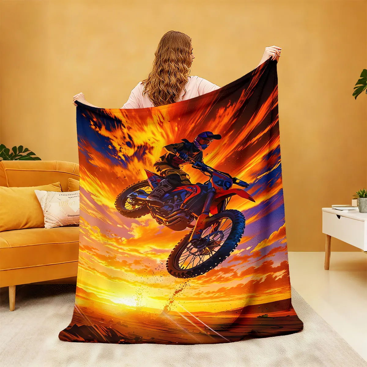 1 Piece Graffiti Style Street Motorcycle Printed Flannel Blanket Multiple Sizes Soft Comfortable Gift Blanket, Machine Washable