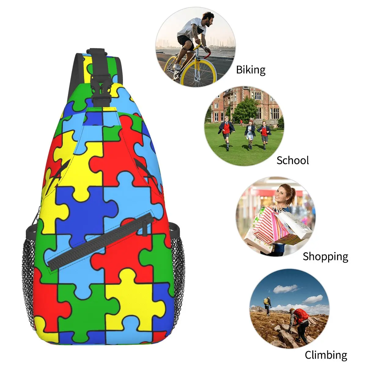 Mochila de Ombro Crossbody, Outdoor Caminhadas Daypacks, Autism Awareness Fashion Bag, Small Ribbon Sling Bag, Peito, Puzzle Pieces