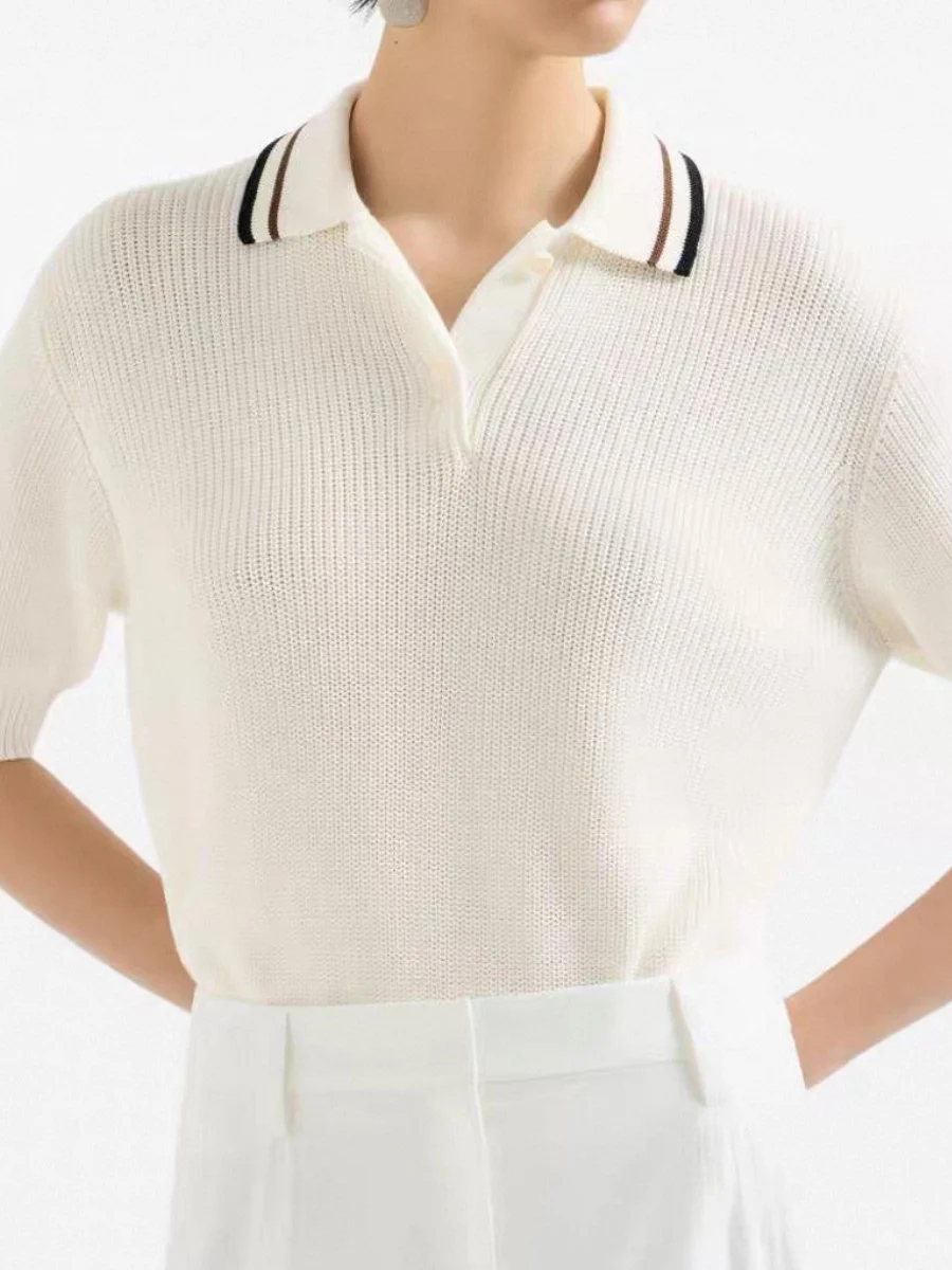 

New Spring/Summer Women's Knitted Top — Polo Collar with Striped Trim — Everyday Casual & Slimming Fit