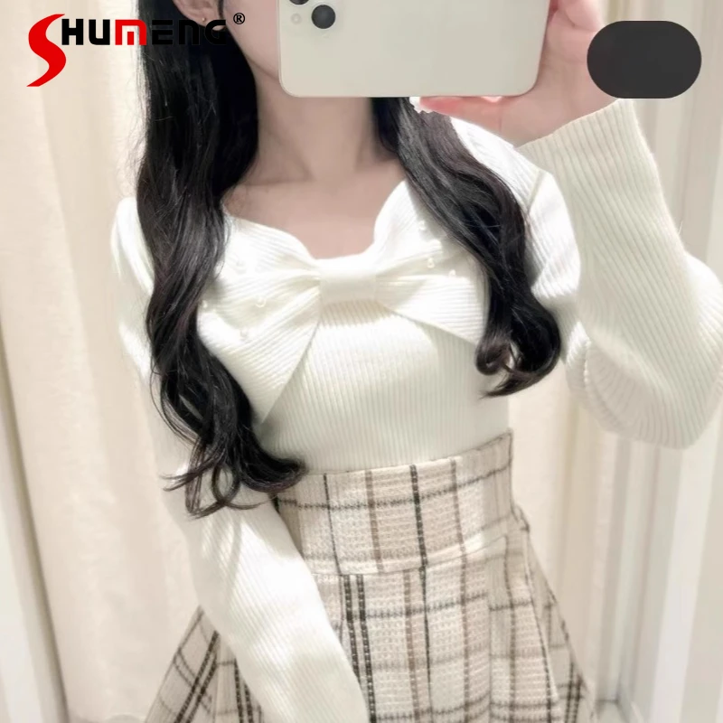 Japanese Daily Wear Single Cute Girl Chest Big Bow Beads Thin Thread Knitted Sweater Long Sleeves O-neck Y2k Top Pullovers Women