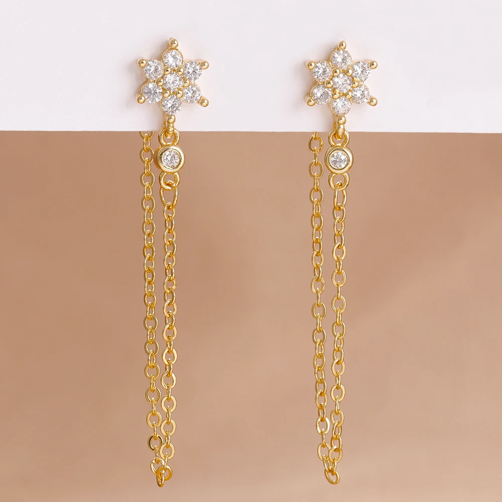 2PCS Romantic Floral Link Chain Tassel Earrings For Women Trend Huggies Shiny Stainless Steel Zircon Romantic Jewelry Gifts