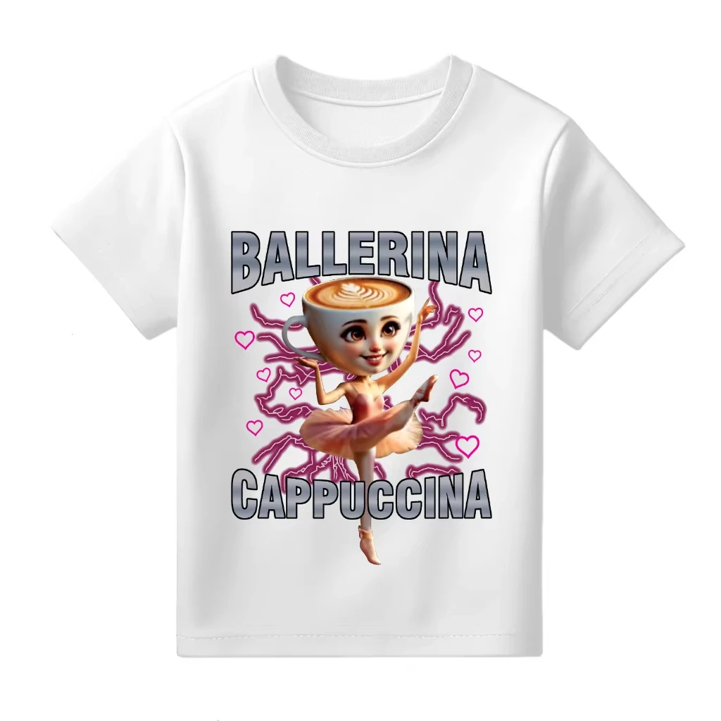 

Футболка с принтом Ballerina Cappuccina для подростков, повседневная свободная забавная модная футболка с круглым вырезом и короткими рукавами для девочек и мальчиков, детские топы, футболка