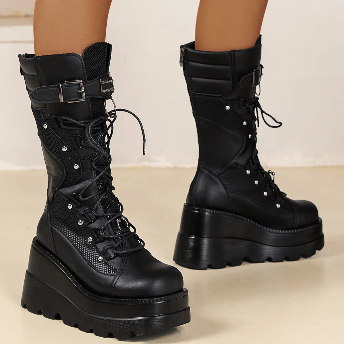 

Sli Thi Heel Knight Boots Women's Mid-Calf Boot Punk Sle Large Size Faionable Winter PU Leather Boots