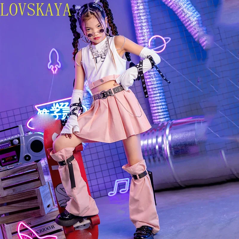 

New Dance Hall Hip Hop Children's Wear White Tank Top Pink Pants Hip Hop Set Girl Jazz Performance Dance Platform Dress