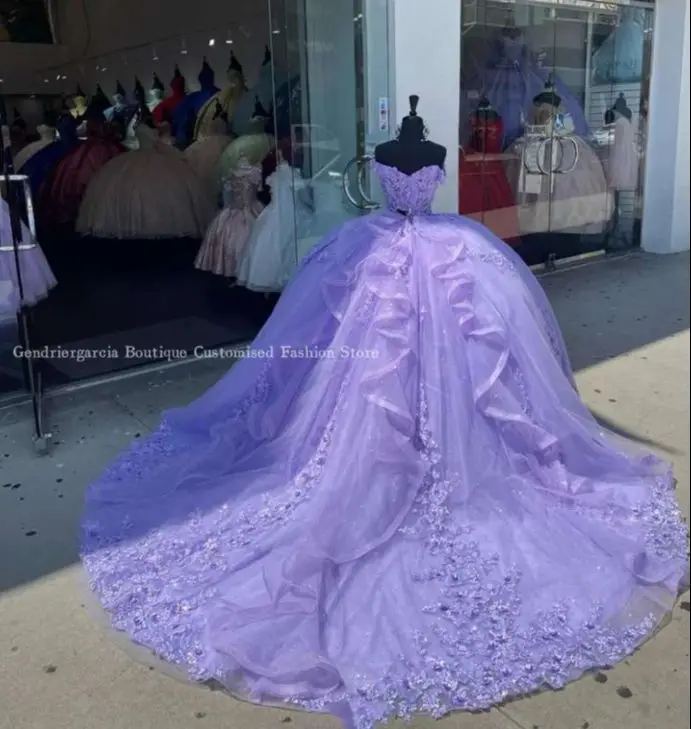 Lila Paarse Sprankelende Prinses Quinceanera Jurken 2024 Prachtige Off-Shoulder Kralen Bloem Applique Vestido De Princesa