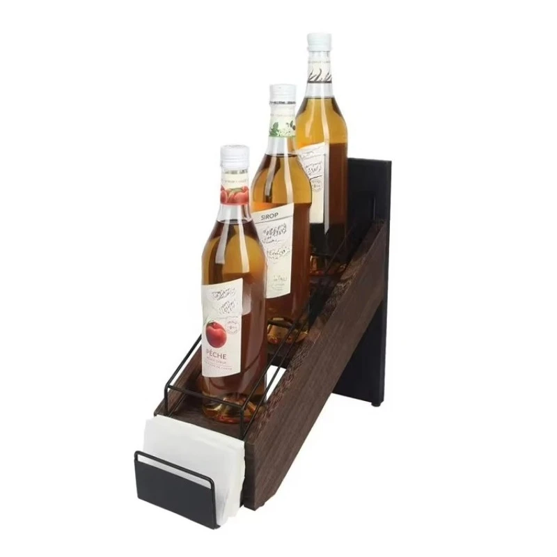

Stepped iron storage rack Household multi-layer iron wood wine rack Restaurant bar Wooden wine bottle display rack