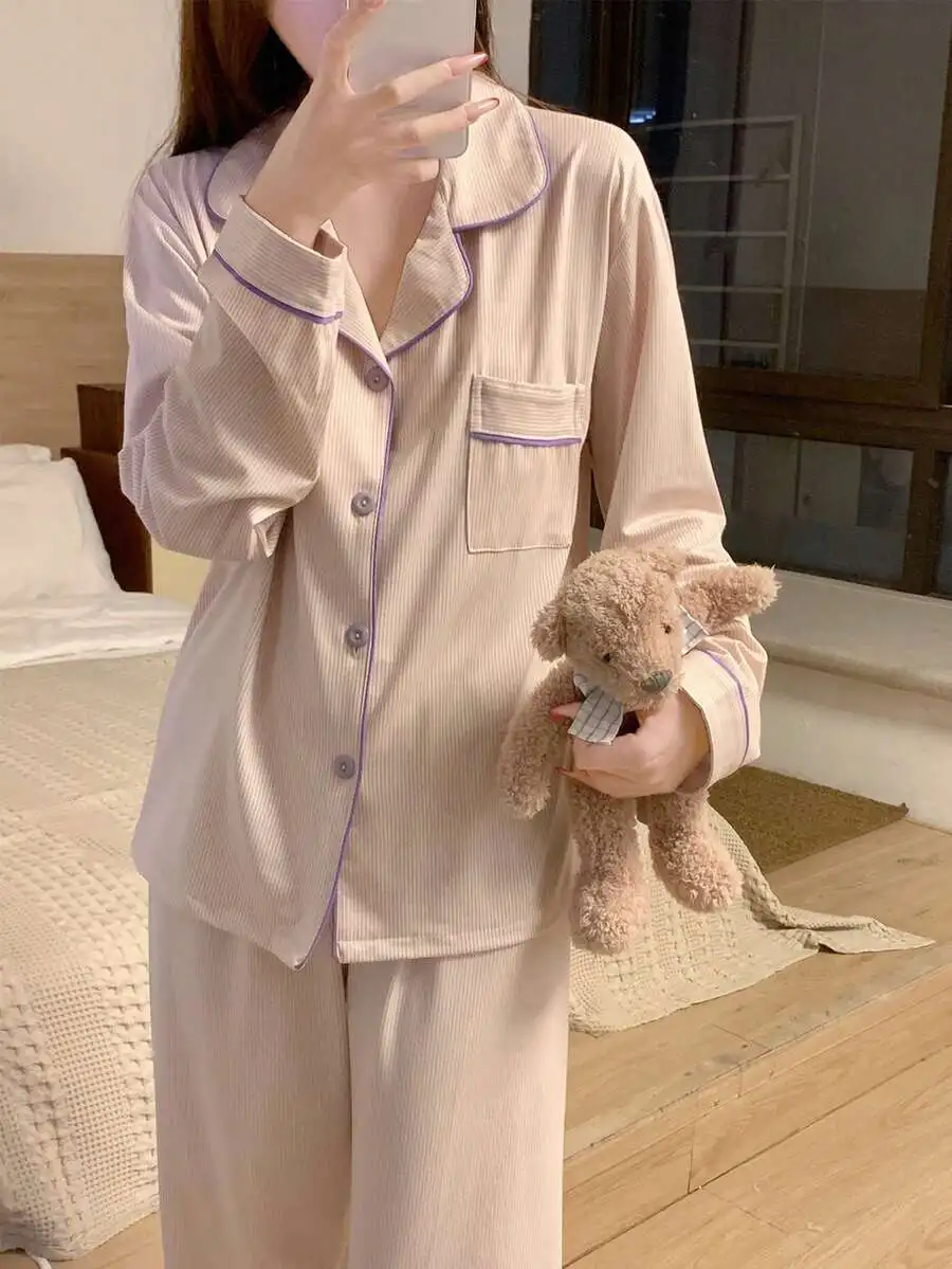 

Women Pajama Set Long Sleeve Sleepwear Loose Fit Corduroy Top And Pants For Spring Autumn