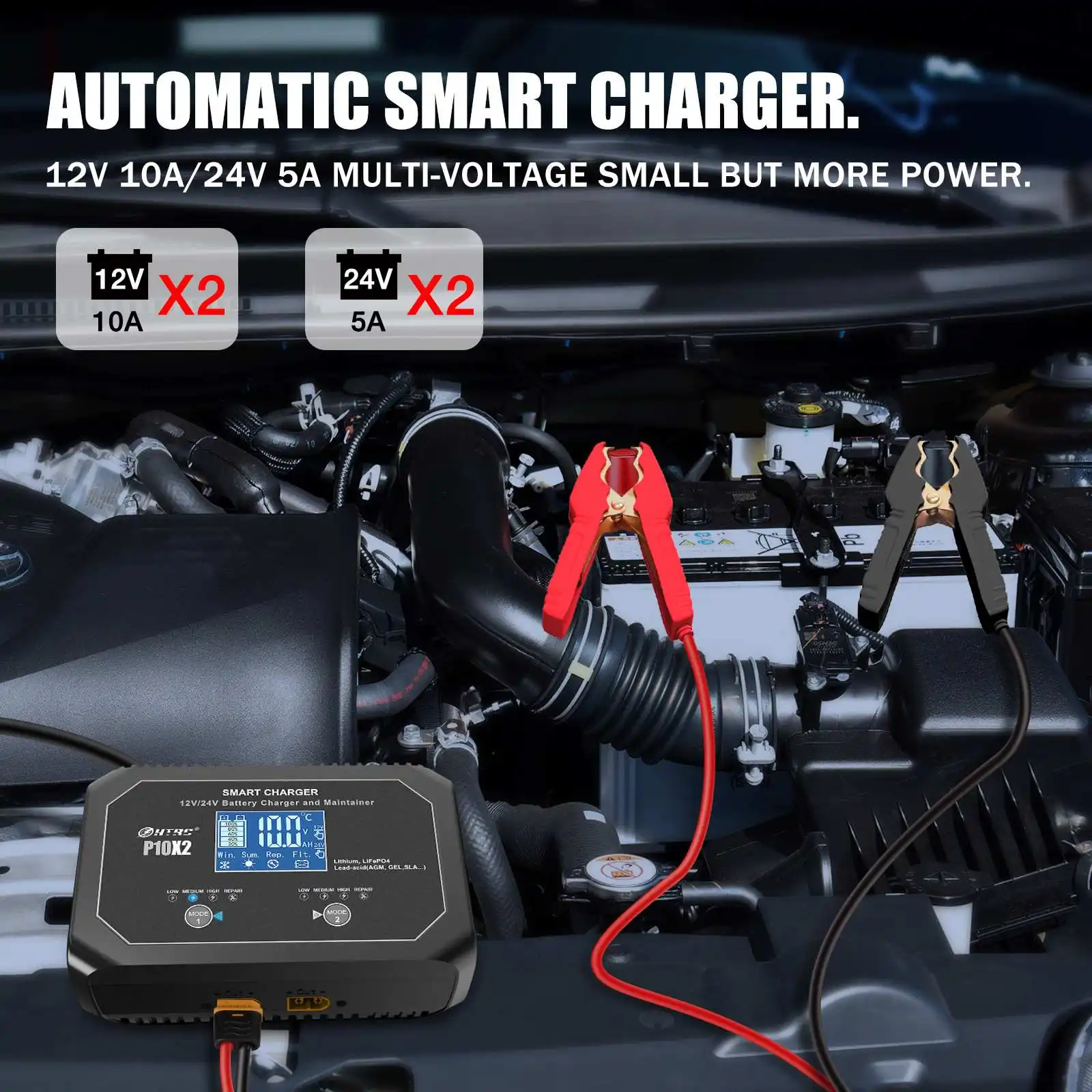 12V 24V 10A Auto Motorcycle Battery Charger AGM Intelligent Repair Dual Channel Smart Car Battery Charger Lithium Battery Charge