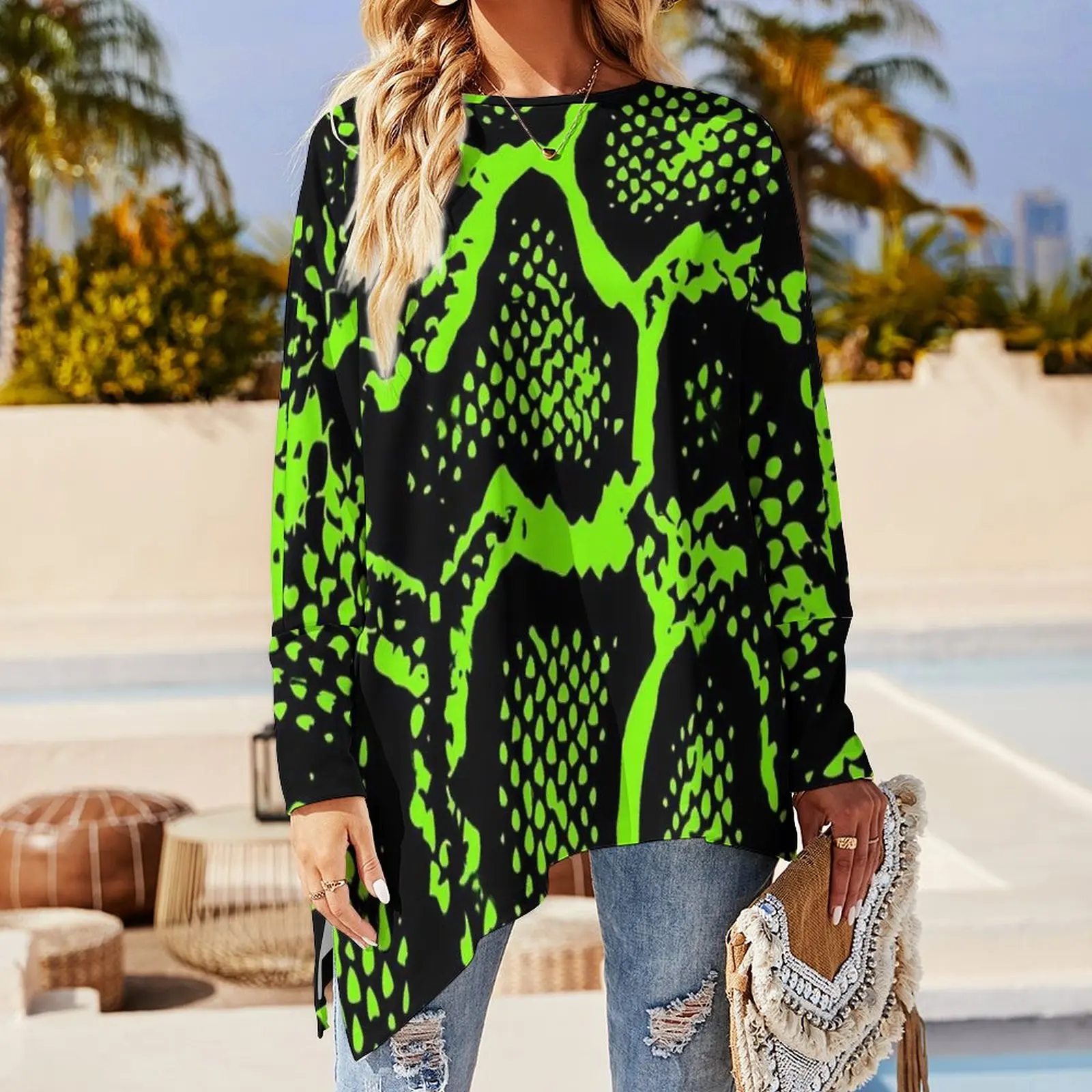 Green Snakeskin T Shirts Python Skin Print Casual Loose Long-Sleeve T-Shirt Retro Custom Tees Female Clothes Large Size