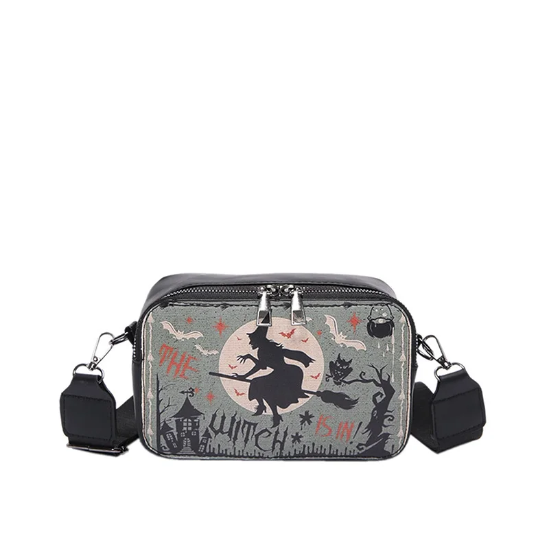 Women Halloween Crossbody Bag Pumpkin Witch Skull Bat Print Shoulder Bag Purse Small Handbag Storage Bags