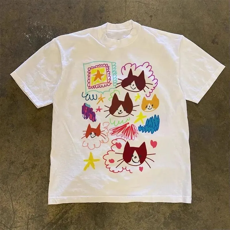 Cloud Cat Art Graffiti Print Niche Short-sleeved Harajuku Vintage Streetwear Ins Style Tops T-shirts Casual Loose Tops Unisex