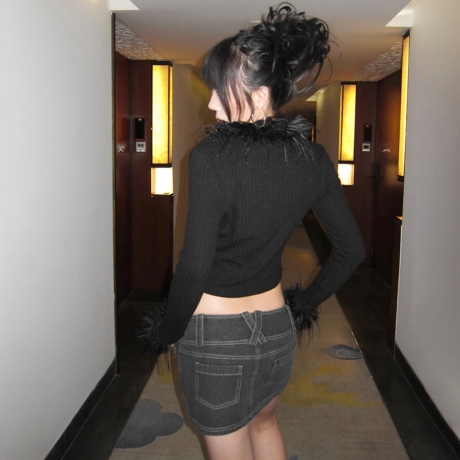 SylCue Peludo Patchwork Tops Mulher Outono Inverno Novo Estilo Com Decote Em V Manga Completa Umbigo Exposto Hot Girls Roupas de Moda de Rua